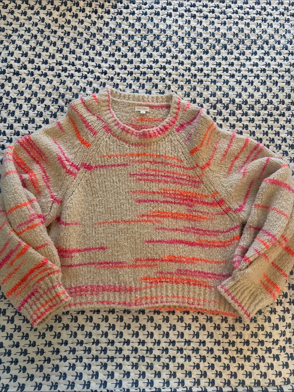 Pilcro Neutral Crewneck Sweater with Pink and Orange Stripes